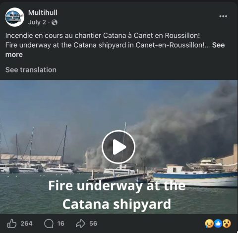 multihull social post of Catana shipyard fire
